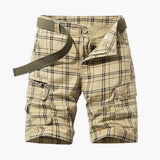 Herren Cargo Shorts mit Karomuster und Stoffgürtel – Khaki