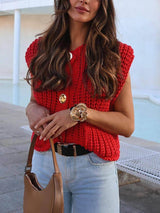 Eleganter ärmelloser, cropped Strickcardigan mit Taschen – Rot