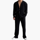 Herren Faltenstruktur Set mit Langarmhemd und Hose – Schwarz