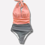 Damen Einteiler Sexy Faltiger Sommer Strandanzug aus Synthetik – Rosa Streifen