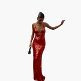 Pailletten Abendkleid für Damen - Maxi mit V-Ausschnitt – Rot