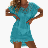 Häkel-Strandkleid mit V-Ausschnitt - Damen Sommer Cover-up – Pfauenblau