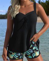 Theresa | Gestreifter Tankini mit Zweiteiligem Strandhöschen – Schwarz