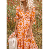Boho-Kleid mit V-Ausschnitt und geknoteten Ärmeln | Maxi – Orange