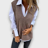 Lamielle – Strick-Weste mit V-Ausschnitt in Camel – Braun