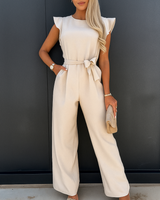 Damen Eleganter Jumpsuit mit Gürtel | Weites Bein – Aprikose