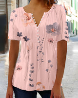 Kurzärmlige Bluse mit V-Ausschnitt und Knopfdruck – Rosa