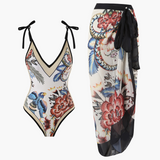 Badeanzug-Set für Damen - mit Blumenmuster und Pareo-Überwurf – Schwarz
