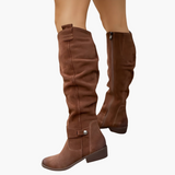 Kniehohe Stiefel - für Damen mit Blockabsatz und Reißverschluss – Dunkelbraun
