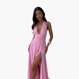Maxikleid mit Schlitz & Neckholder - Damen Abendmode – Rosa