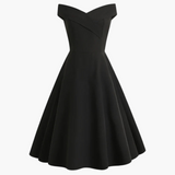 Vintage Off-Shoulder Midi Kleid für Frauen - Elegante Passform – Schwarz