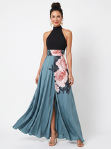 Olympas | Halter-Bodice Floral Rock Maxi Kleid – Mehrfarbig