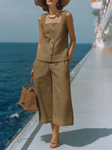 Zeitloses Weißes Baumwoll-Leinen Top mit Quadrat-Ausschnitt und Passenden Capri-Hosen Set – Khaki