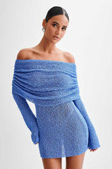 Damen Kleid | kurze Ausführung mit off-shoulder Ausschnitt – Blau