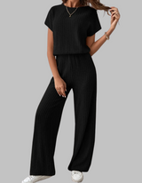 Paula | Damen Rippstrick-Set Kurzarm Top Weite Hose Casual – Schwarz
