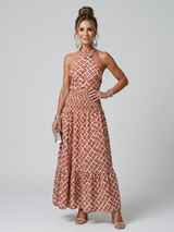 Amira | Geometrischer Print Cutout Midi-Kleid mit Kreuzträger – Geometrisch