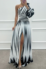 Vanessa | Einschulter Gestreift Maxikleid – Weiß