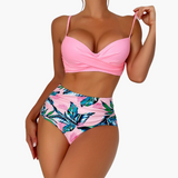 Push Up Bikini - Damen High Waist Zweiteiler mit Muster – Rosa