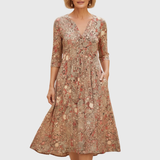 Harlow | Anmutiges V-Ausschnitt Eleganz Midi Kleid – Beige