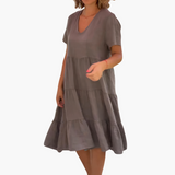 Fließendes V-Ausschnitt-Kleid für Damen - entspannte Passform – Braun