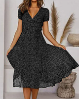BelleRue - Bedrucktes Chiffonkleid mit kurzen Ärmeln und V-Ausschnitt für Damen – Schwarz