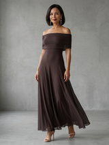 Juni | Off-Shoulder Drapiertes Midi-Kleid – Braun