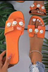Ellie | Leichtgewicht Leder Designer Slides mit Riesig Perlenverzierung – Orange