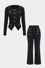 Diana | Elegantes Zweiteiler-Set mit Strickjacke & Wide-Leg-Hose – Schwarz