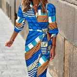 Kayleah - Bedrucktes Sommerkleid mit Schnürung – Blau und Braun gestreift