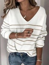 StripeStyle - gestreiftes muster v-ausschnitt pullover – Weiß