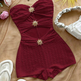 Damen Baddräkt Retro Bandeau Leopardenmuster mit Ausschnitten und Dekorativen Schnallen – Perfekt für Strand und Pool – Rot