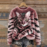 Jules – Weiches Plüsch Sweatshirt Mit Tabby Katzen Und Tiger Muster – Rosa
