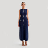 Imane | Langes ärmelloses Kleid mit Knöpfen – Blau
