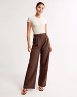 Damen Hohe Taille Lang Stoffhose – Dunkelbraun