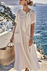 Anette - Kurzarm Rundhals mit Bindeband – Khaki