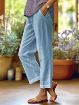 Lockere Hose aus Baumwolle und Leinen, einfarbig – Blau