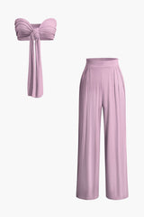 Lara | Elegantes Zweiteiler-Set mit Schleifen-Bandeau & Weitbein-Hose – Lila