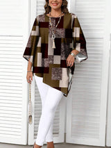 Nurit - Karierte Oversize Bluse Mit Kurzarm Und Drucken – Braun
