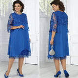 Frauen Rundhals Besticktes Patchwork Kleid – Blau