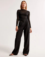 Damen Hohe Taille Lang Stoffhose – Schwarz