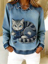 Eponin – Retro Katzen Jeansstoff Flickwerk Sweatshirt – Blau