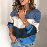 Cassey - Elegance Gestreifter Langarm-Pullover – Blau