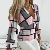 Thea | Netzärmel Tiefer V-Ausschnitt Bluse – Geometrisch Rosa & Grau