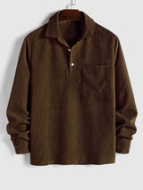 Herren Corduroy Langarmhemd mit halber Knopfleiste – Dunkles Kaffee