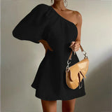Damen One-Shoulder Kleid + Puffärmel + eleganter Stil – Schwarz