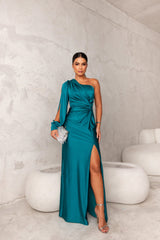 Damen Satin Abendkleid One-Shoulder mit Schlitz – Elegantes Kleid für Party & Anlass – Türkis