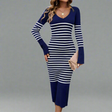 Franziska Strickkleid Damen V-Ausschnitt Modernes Streifenmuster Komfortabel und Elegant – Marineblau