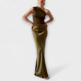 Elissa | Elegantes Ein-Schulter Falten Maxi Kleid – Dunkelgrün