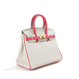 Jane – Premium-Handtasche aus echtem genarbtem Leder – Off-White mit Rosa