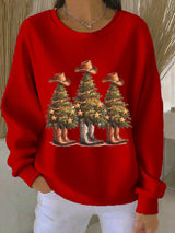 Noor - Weihnachts-Pullover mit Western-Weihnachtsbäumen – Rot